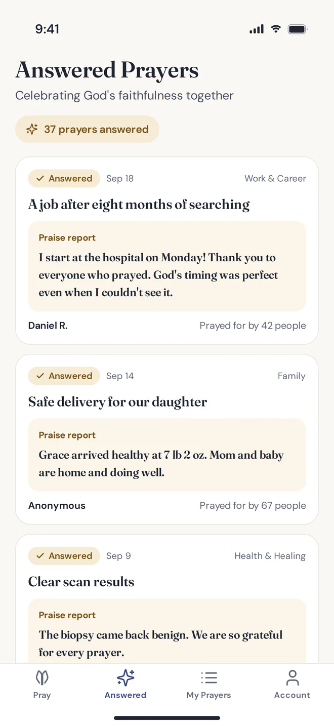 The Answered Prayers screen with praise reports from the community