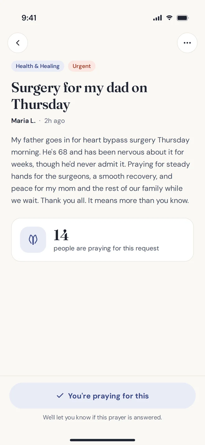 A prayer request showing 14 people praying and a You're praying for this button