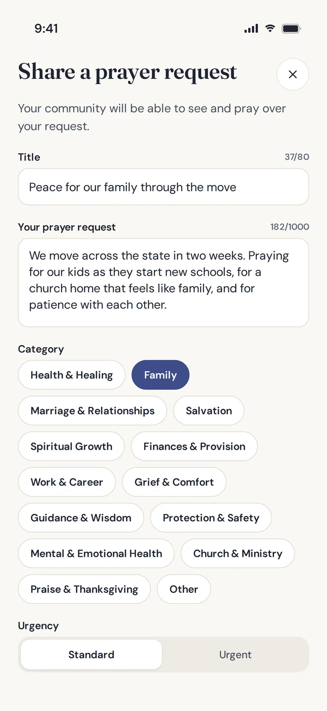 The Share a prayer request screen with a title, message, and category chips